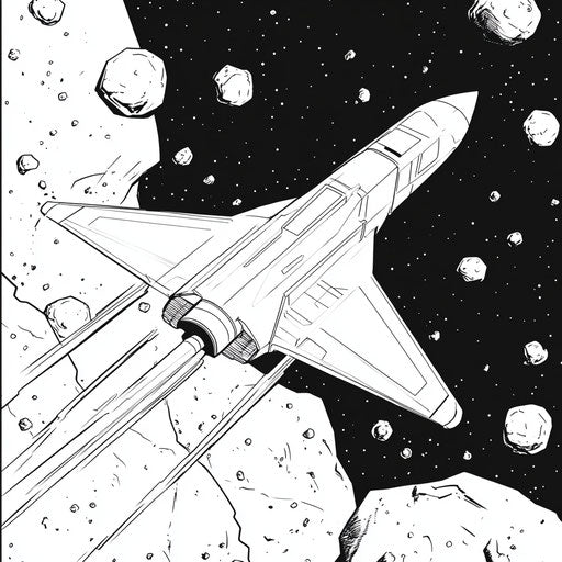 A futuristic space jet navigating through an asteroid field