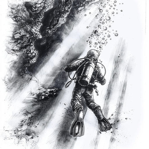 Underwater Exploration: Diver in a Cave with Light Rays and Bubbles