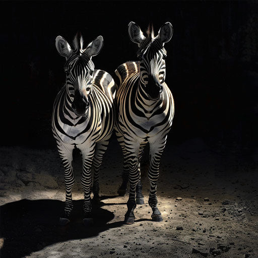 Zebras with dramatic shadows and lighting, dark and moody