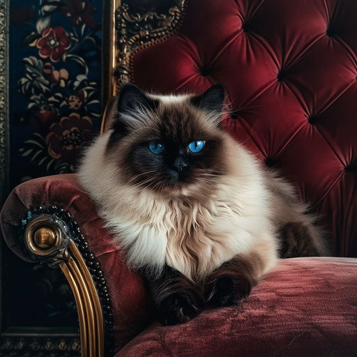 Himalayan cat with blue eyes lounging on a velvet cushion, luxurious background
