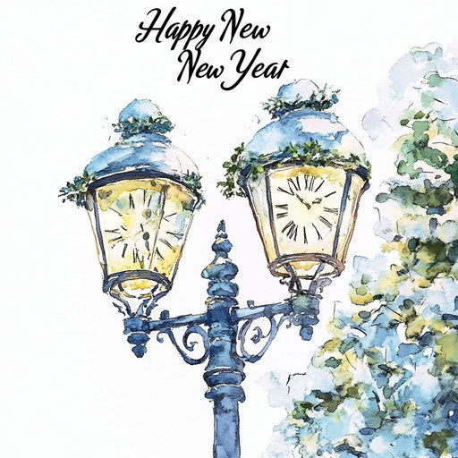 Watercolor painting of a beautiful clock on a street lamp post
