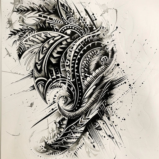 Impressionistic tattoo sketch of a Kalinga motif with loose, expressive paintwork