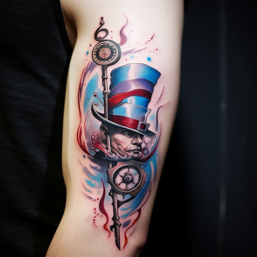 Flag tattoo with sword, Kenny Scharf style, steampunk, American tonalist