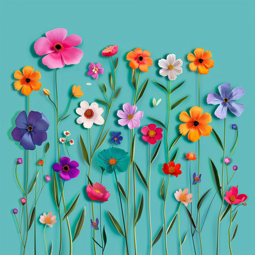 Spring flowers clipart in a realistic style on flat turquoise background
