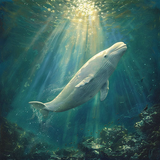 Majestic dive of a beluga whale under the sun