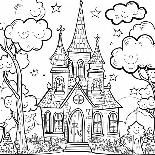 Whimsical cartoon church with smiling faces and open doors