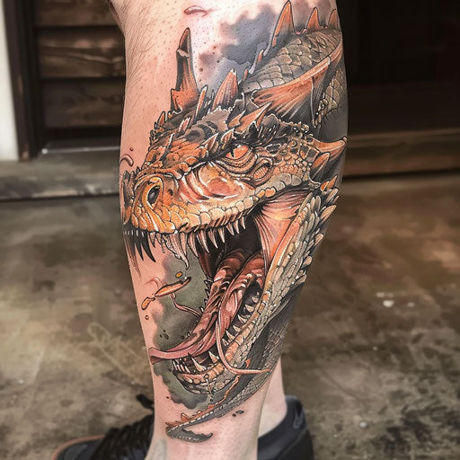 Realistic tattoo of a dragon's face, Humberto Ramos style, on calf