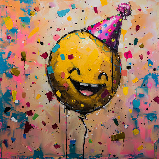 Colorful celebration with birthday hat and emoji balloon