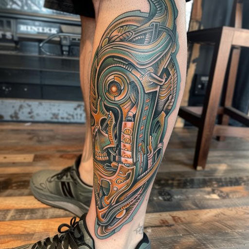 Biomechanical leg tattoo in the style of Guy Aitchison