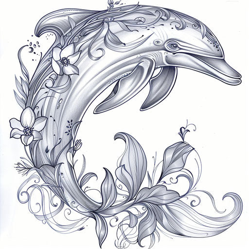 Dolphin tattoo in art nouveau style on white background