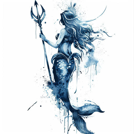 Illustration of a navy tattoo with a mermaid holding a trident, watercolor style on white background