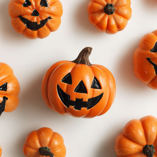 Cheerful pumpkin on white background with arranged elements