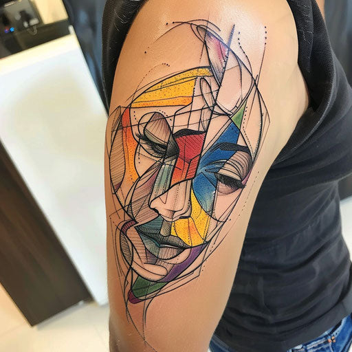 Flat abstract tattoo sketch with a colorful fragmented soul
