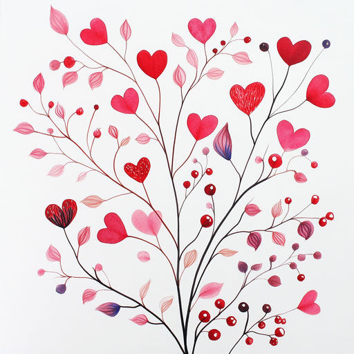 35 pink and red heart-shaped floral stems with berries on white
