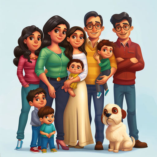 Clipart of my family in photo realistic style with a flat random background, vibrant tones and enhanced clarity