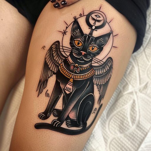 Egyptian-themed black cat tattoo with ancient symbols