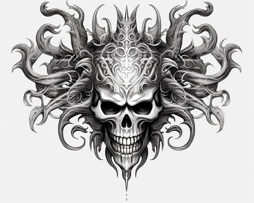 Black and white skull and crossbones logo on white background in Dayak style
