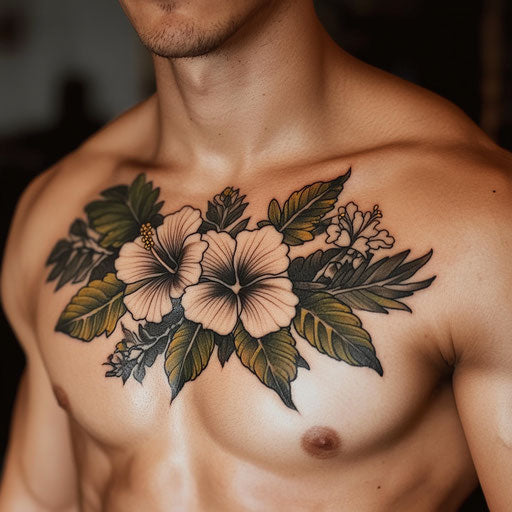 Hibiscus Flower Tattoo on Pure White Background in Steve McNiven Style on Chest