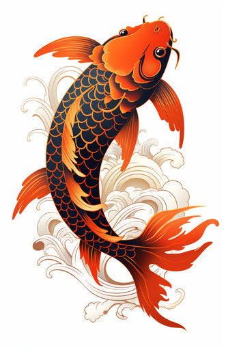 Japanese koi carp on white background, dark orange and black style
