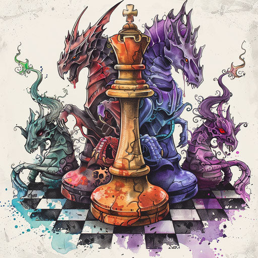 Flat tattoo sketch of mythical creatures as chess pieces, rich colors