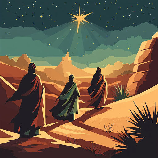 Three wise men following the star of Bethlehem in the desert