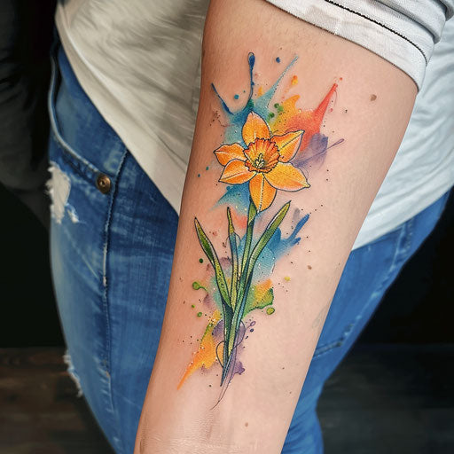 Watercolor splash tattoo of December Narcissus