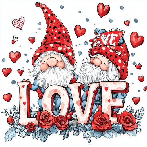 Valentine's Day themed graphic with 'LOVE' gnomes hearts