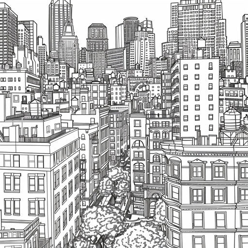 Detailed view of a cityscape with skyscrapers and bustling streets. Coloring book page