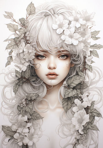 White and black portrait of an elf with white and green leaves