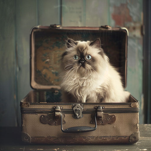 Himalayan cat in a vintage suitcase, ready for travel