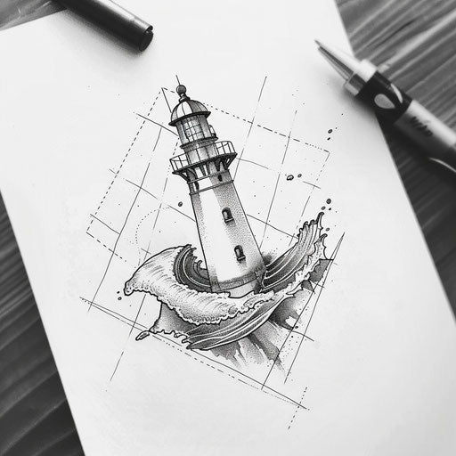Lighthouse and waves in geometric tattoo design