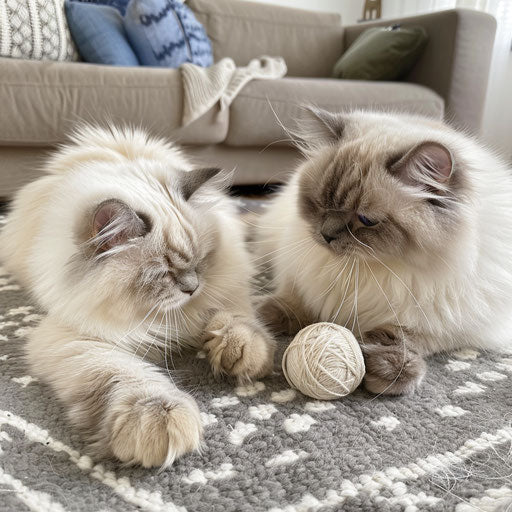Two Himalayan cats playing with yarn balls in a cozy living room