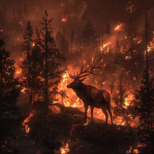 Elk on the edge of a firelit forest, a survivor's tale