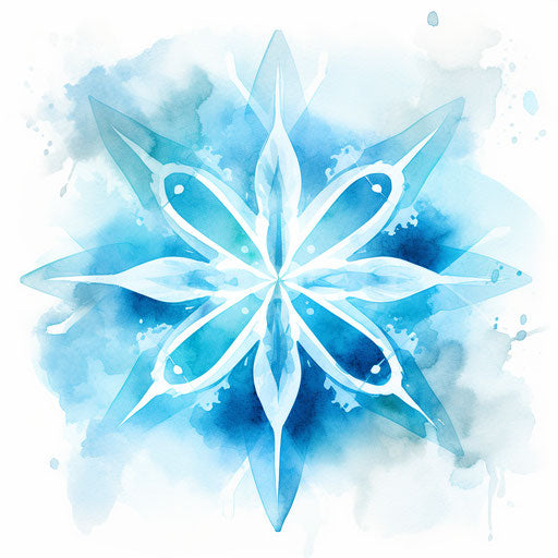 Blue stylized abstract snowflake on warm watercolor surface