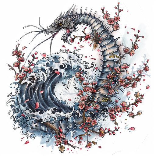 Japanese style centipede tattoo with waves and cherry blossoms