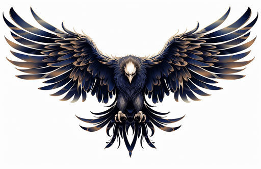 Black eagle tattoo on white background, dark beige and navy style