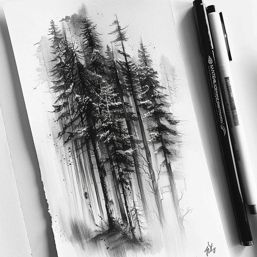 Detailed sketch of a forest tattoo design with towering pine trees and a misty background on a white canvas