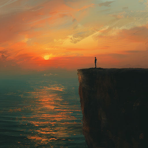 Silhouette on cliff overlooking ocean at sunset