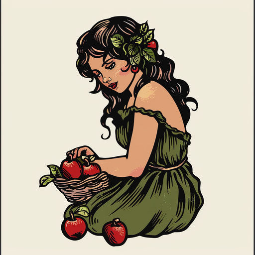 Young Venus picks apples, whimsical flat tattoo design