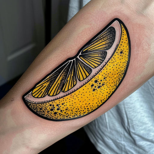 Bold flat tattoo sketch of a lemon with thick black outlines and a pop art feel