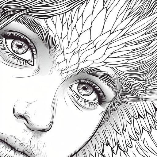 Kind angel face with gentle eyes, coloring book page