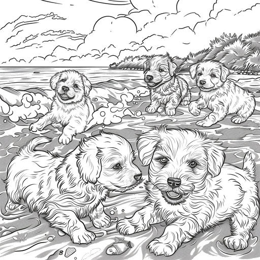 Puppies playing at the beach