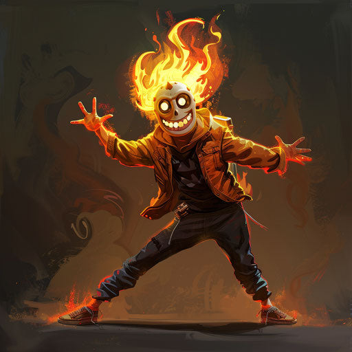Cheerful face with flames on mask