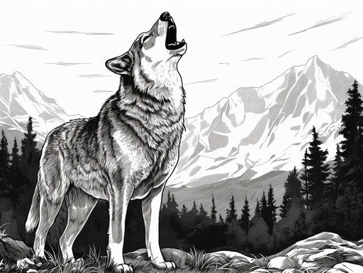 Wolf howling in wilderness isolated black and white