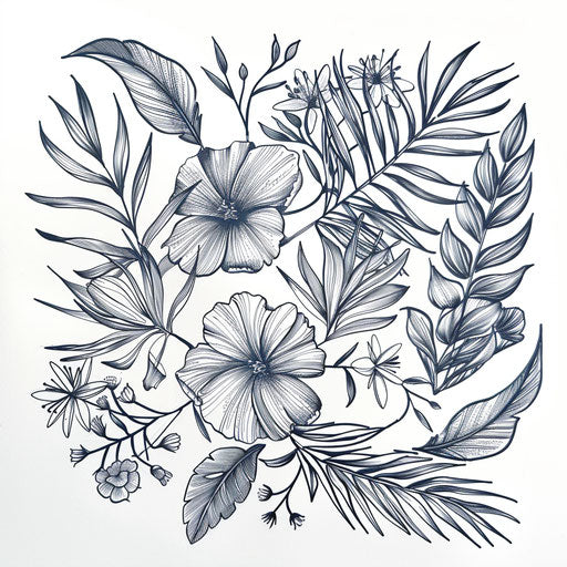 Botanical linework, variety of leaves and flowers on white