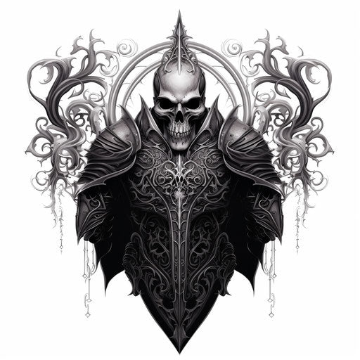 The tattoo knights tattoos and other vinyl and sticker designs, in the style of angelcore, inverted black and white, antichrist, ornate design, michael page, symmetrical, metal