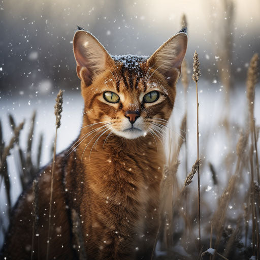 Abyssinian cat in a field while it is snowing