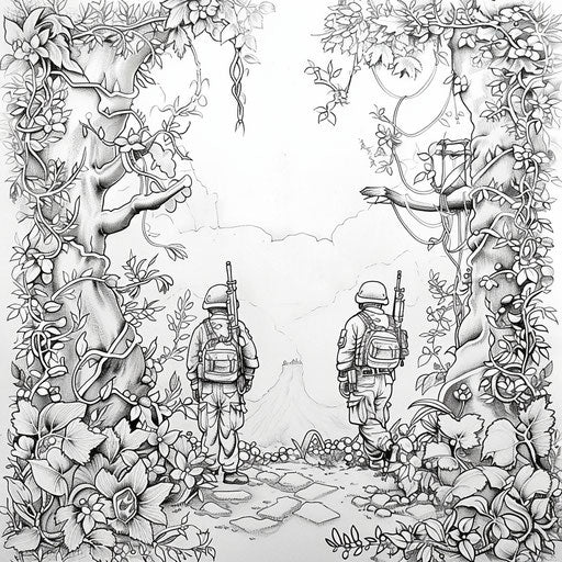 Soldiers in a fantasy forest, Johanna Basford style