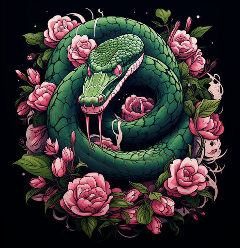 Japanese snake and pink roses in bold outline style