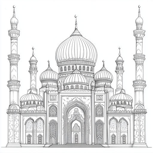 Detailed mosque architecture with ornate designs, Gennady Spirin style, coloring book page